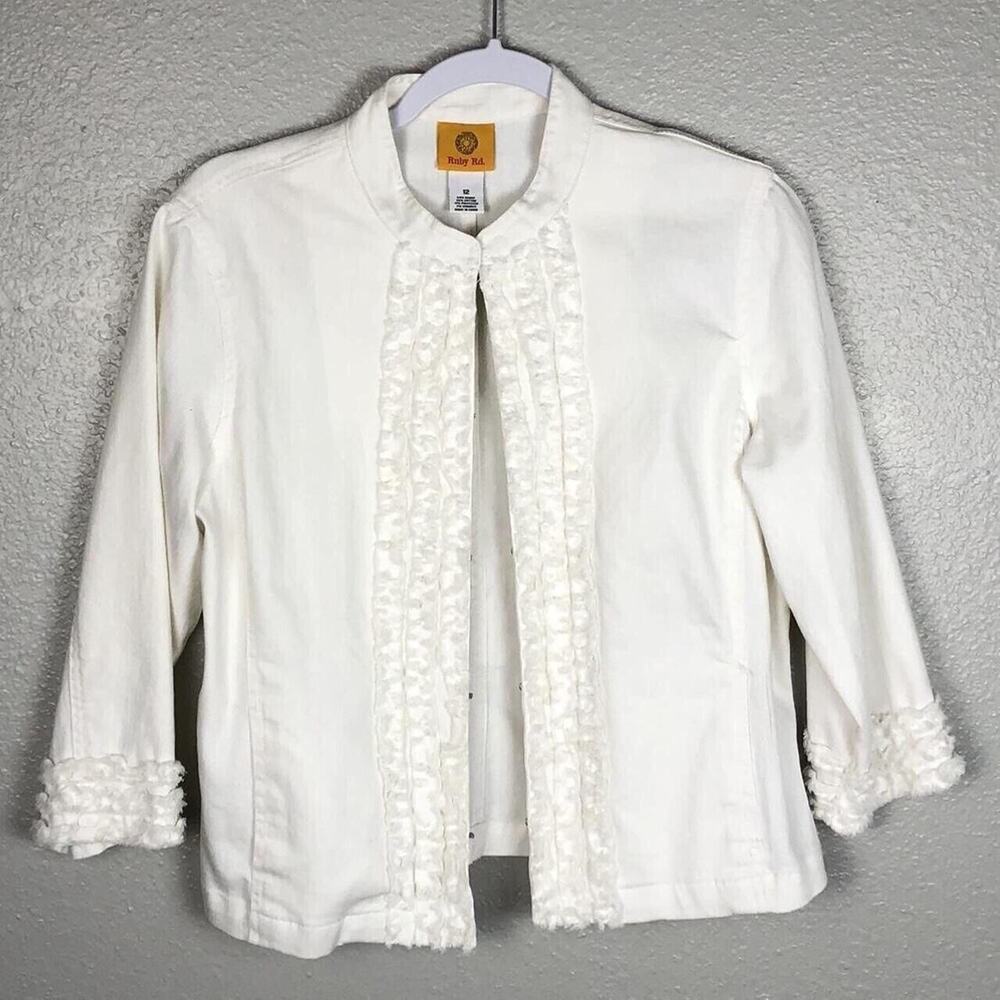 Ruby Rd Womens Size 12 White 3/4 Sleeve Jacket Hook and Eye Closure Front Fringe